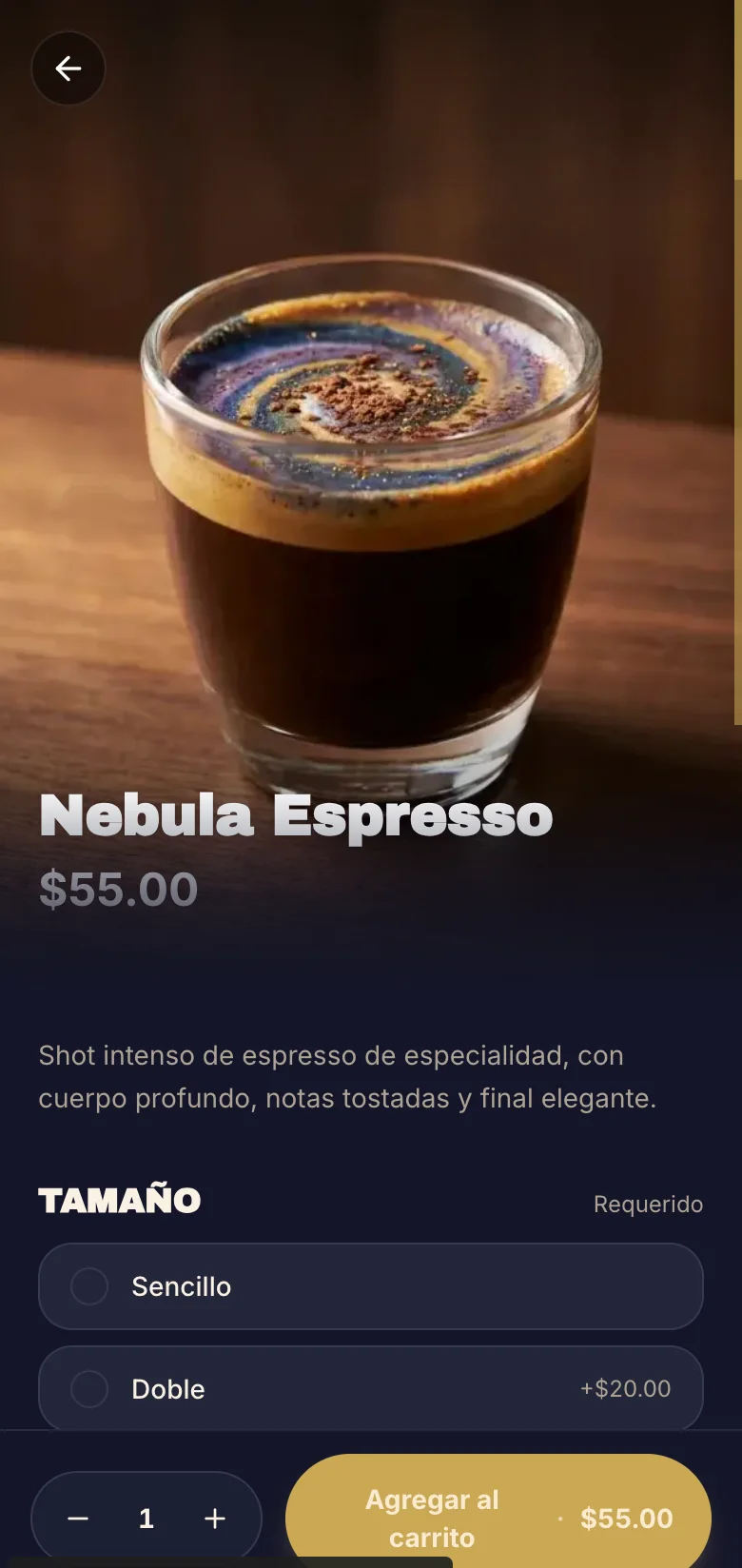 Vista móvil real del detalle de Nebula Espresso con modificadores