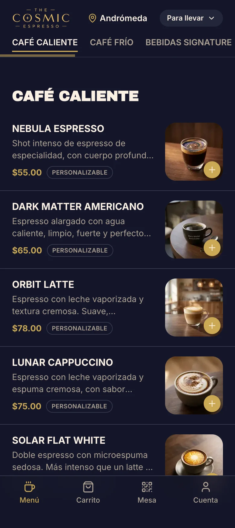 Vista móvil real del menú de Cosmic Espresso en Gourmand